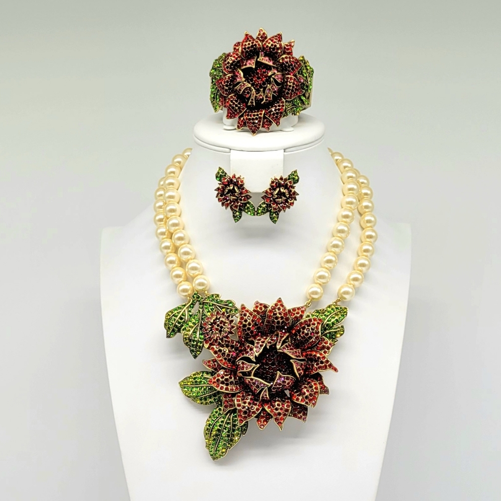 Heidi Daus Garnet Swarovski Crystal and Ivory Pearl Massive Flower Statement Set